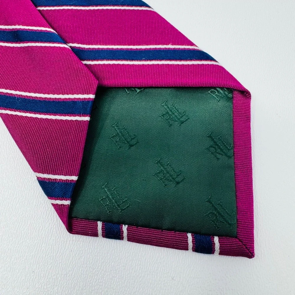 Lauren Ralph Lauren Mens Ripp Silk Striped Tie Magenta Navy White Hand‎ Made